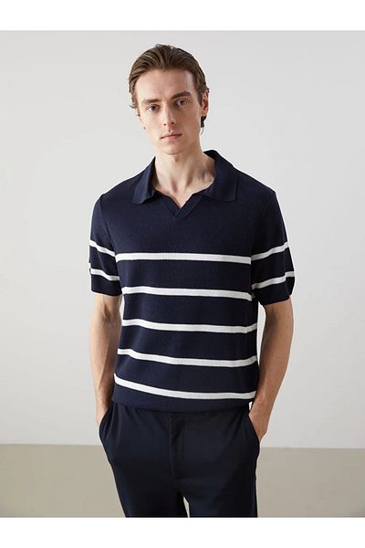 LC Waikiki LCW Vision Marineblauer, kurzärmliger, gestreifter Herren-Strickpullover mit Polokragen