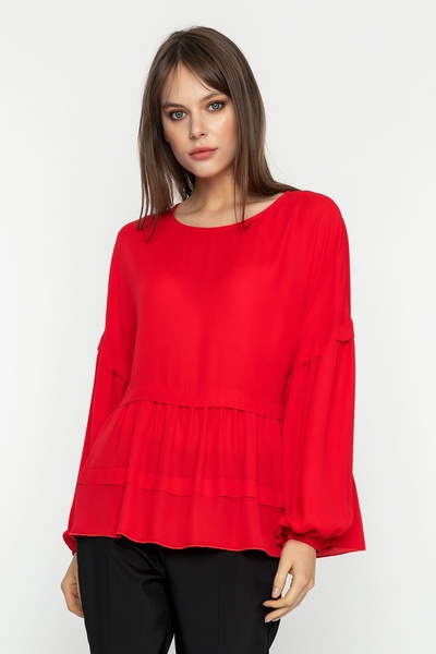 INVIDIA Sıfır Yaka Balon Kol Belden Pileli Bluz