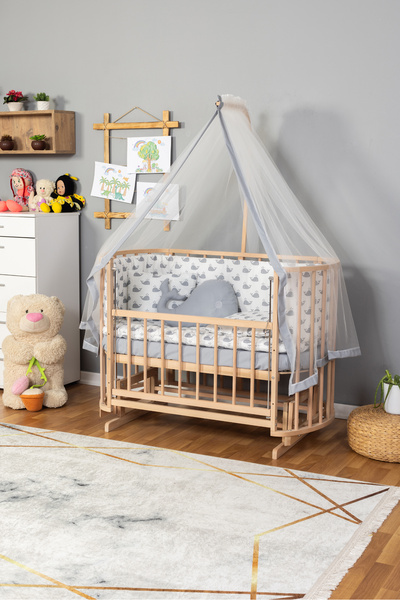 Bamgidoo Oval Ahşap Beşik Anne Yanı Beşik Organik (BOYASIZ) 60x120 - Gri Bali...