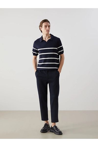 LC Waikiki LCW Vision Marineblauer, kurzärmliger, gestreifter Herren-Strickpullover mit Polokragen