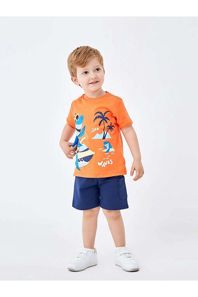 LC Waikiki Lcw Kids Orange Crew Neck Printed Baby Boy T-Shirt and Shorts 2-Piece Set