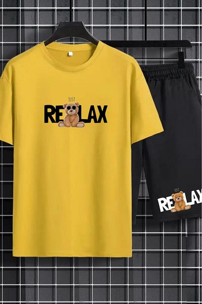 NO 601 Unisex Yellow Oversize Relax Printed Tshirt Black Shorts Set