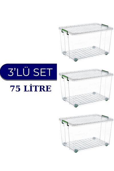 Loremp 75 Liter Transparent Storage Box with Wheels - 3 Pieces Kitchen/Bathroom Multi-Purpose