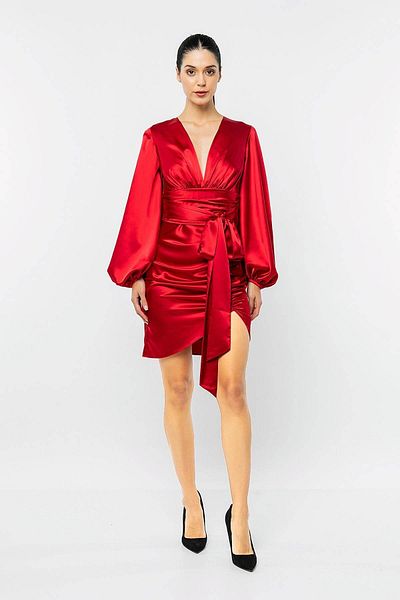 INVIDIA Balloon Sleeve Draped Satin Mini Dress