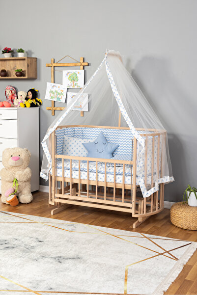 Bamgidoo Ahşap Beşik Anne Yanı Beşik Organik (BOYASIZ) 60x120 - Mavi Yıldız U...