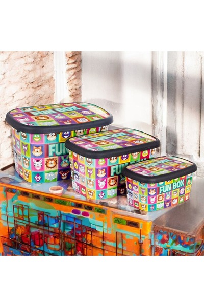 biedda 50-25-12.5 Litre 3 lü Set Fun Box Plastik Çok Amaçlı Desenli Oyuncak Düzenleme Kutusu
