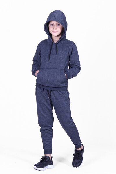FYK KİDS Plain Kangaroo Pocket Hooded Boy's Top and Bottom Tracksuit Set