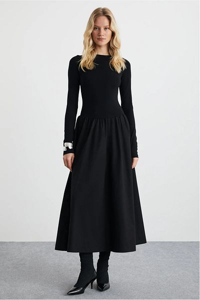 khar Pani γυναικεία φούστα Maxi Oversize Κομψό μαύρο φόρεμα υφαντό από ποπλίνα με φουσκωτό επάνω μέρος ελαστική βισκόζη ελαστάνη