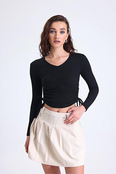 Miss Murem Side Drawstring V-Neck Blouse-Black