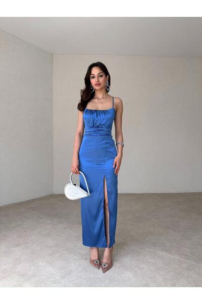 Mooi Butik Vencover Satin Dress 5682 - Saks Blue