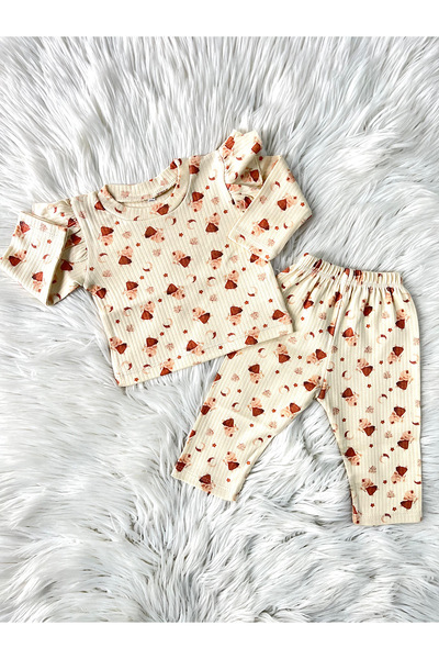 ONE bebek Mouse Moon Pattern Krem 2'li Kız Bebek Takımı Pijama