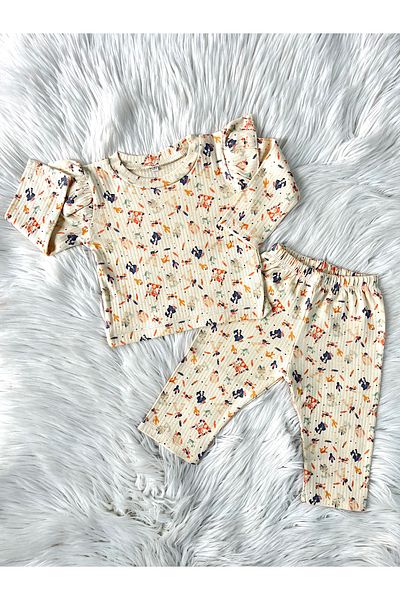 ONE bebek Mix Animals Pattern Cream 2-Piece Baby Girl Set Pajamas