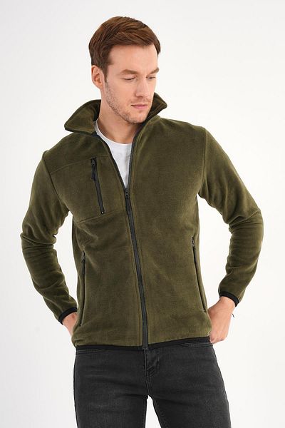 Deri Company Men's Fleece Jacket Khaki Green Zippered Stand Collar