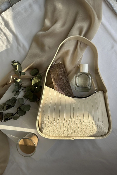 bag&more Krem Kroko Kadın Kroko Desenli Baget Çanta Omuz Çanta Kol Çanta Kadın Çanta