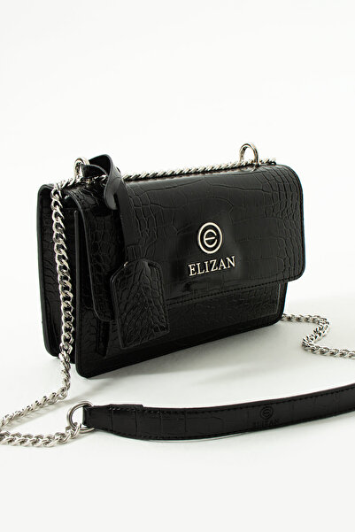 Elizan Kapaklı Bölmeli Zincir Askılı Siyah Kroko Çapraz Kadın Çantası
