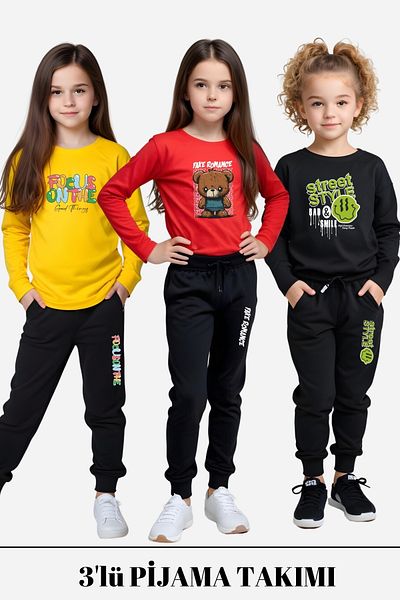 FYK KİDS Set de pijamale din 3 bucăți pentru fetiță, cu imprimeu în talie, cu elastic, jos și sus
