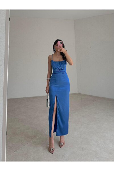 Mooi Butik Vencover Satin Dress 5682 - Saks Blue