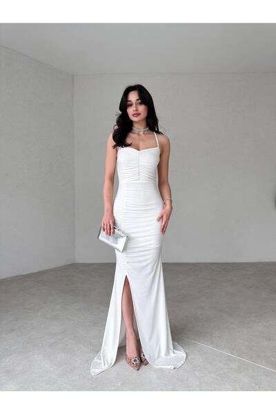 Mooi Butik Mario White Maxi Draped Dress - 6382