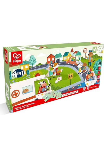 Hape Children's Puzzle Rescue Vehicles (4 IN 1) And Storytelling Game