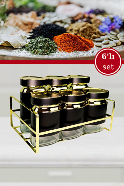 Evren 6 Parça Üçgen Vakum Kapaklı Cam Baharatlık Seti ve Metal Stant, Baharat Takımı 6’li Set