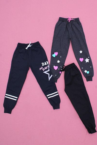 FYK KİDS 3-Piece Mixed Pattern, High Waist Detailed Girls' Sweatpants