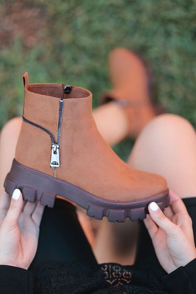 LEYDİ SHOES Slm-102 Γυναικείες μπότες με φερμουάρ με λεπτομέρειες Tan Suede