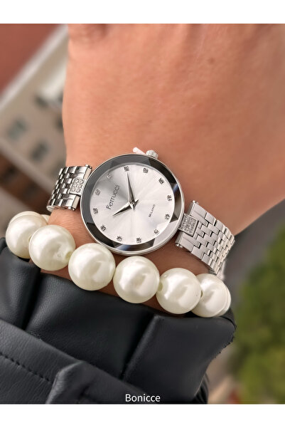 Ferrucci 30 MM Kasa,Gümüş Renk Çelik Kordon, Şık Tasarım Taşlı Kadran, Kesme Cam Kadın Kol Saati+Bileklik