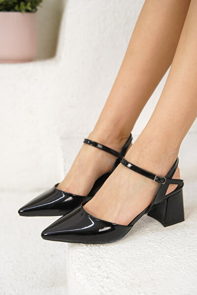 Diardi حذاء بكعب نسائي أسود من الجلد اللامع