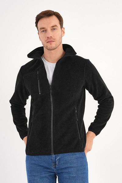 Deri Company Men's Fleece Jacket Black Zippered Stand Collar