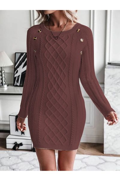 AQE FASHION Γυναικείο πλεκτό με λαιμόκοψη με πλεκτό μαλλί με μοτίβο ζακάρ με κουμπιά Λεπτομερές πλεκτό κανέλα Κομψό φόρεμα