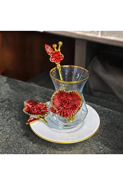 Diamond Porselen Bouquet Kırmızı Çay Seti 6 kişilik 18 parça
