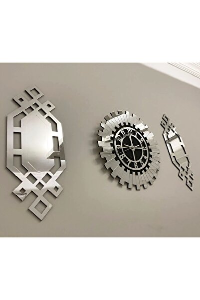 EYKA STORE Gümüş Renk Plexiglass Ayna Piyano Model Duvar Saati, Tablo 3 Parça...
