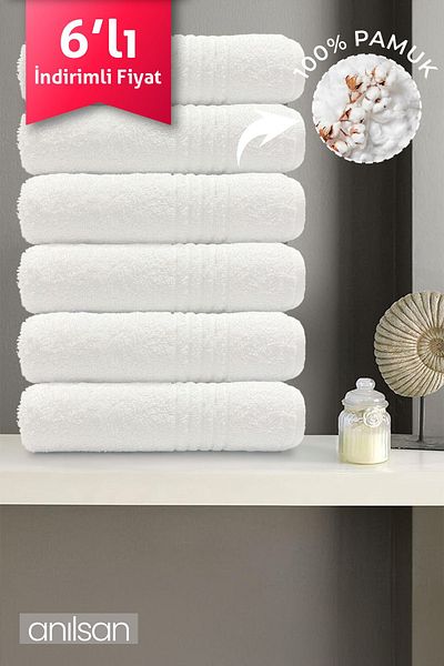 Anılsan Set of 6 Striped White Hand Towels - 50X90 Cm, 180Gr, 100% Cotton, Spa and Hotel Towels, Daily Use