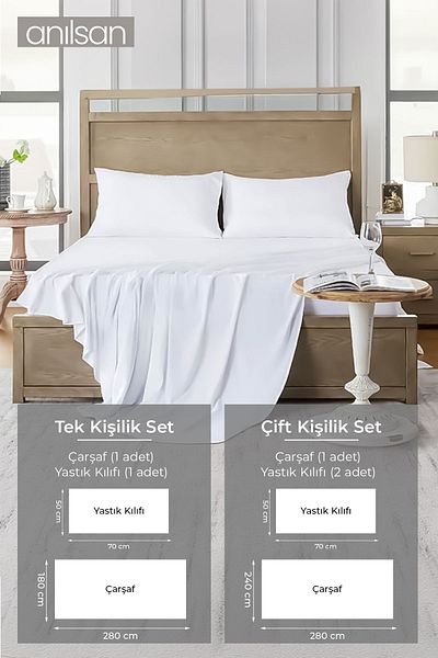 Anılsan Plain White Single/Double Elasticless Sheet and Pillow Case Set, 63Tel