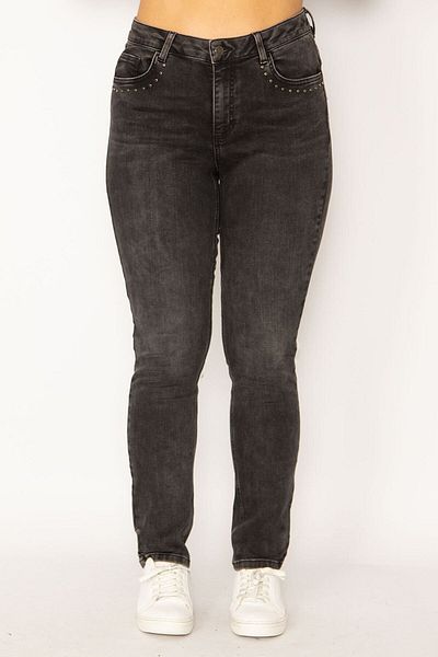 Şans Women's Large Size Anthracite Front and Back Pockets Lycra 5 Pocket Jeans with Stone Detail 65n34147