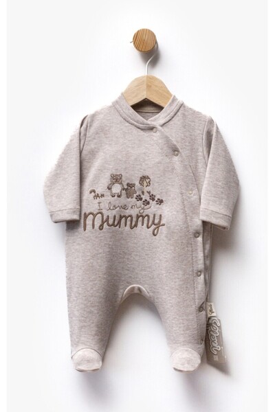 Flexibaby Yazı Nakışlı Yandan Çıtcıtlı Bej Tulum