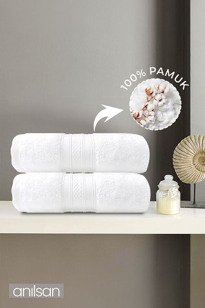Anılsan Set of 2 White Bordered Hand Towels - 50X90 Cm, 250 Gr, 100% Cotton, Spa and Hotel Towels