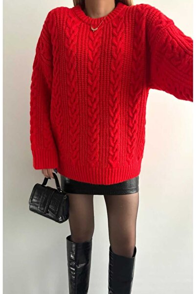 yeditepe fashion Red Oversize Knitwear Sweater - Crew Neck Hair Knit Detail