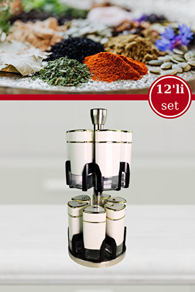 Evren 12’li Cam Baharatlık Seti, Yuvarlak Tuzluk Karabiberlik Baharat Takımı ve Döner Stant