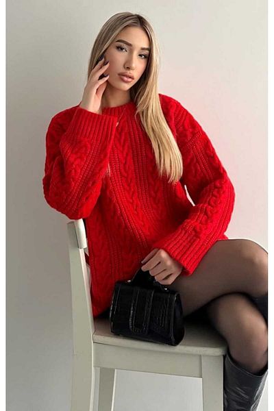 yeditepe fashion Red Oversize Knitwear Sweater - Crew Neck Hair Knit Detail
