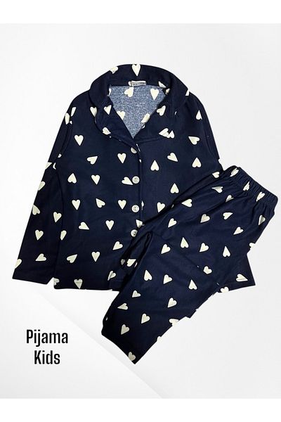 Pijamakids Dívčí 100% bavlněná semišová tkanina Námořnická modrá s potiskem srdce Košilový límec s knoflíkem a dlouhým rukávem