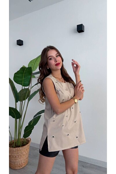 modadagiyim Bluză de damă din piele fără mâneci, cu decolteu în U, cu detalii despre accesorii metalice