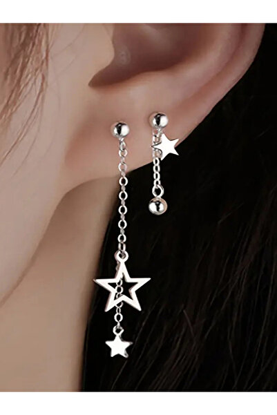 Azuris Silver 925 Ayar Gümüş Tek Kulak Sallantılı Yıldız Zincirli Küpe