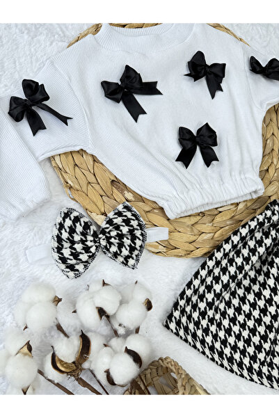 AKİF GİYİM Kız Çocuk & Bebek Takımı Fiyonklu Badi Kazayağı Etek Bandana Takımı