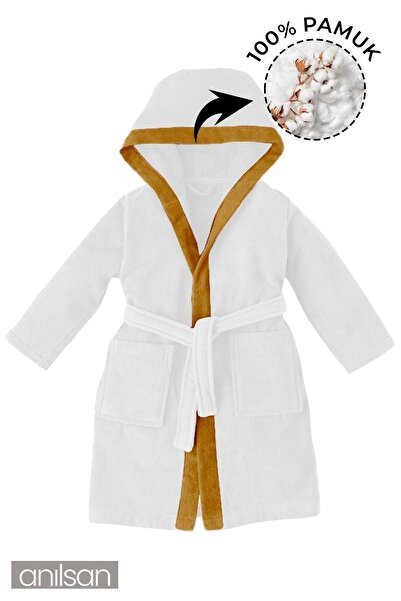 Anılsan Beyaz ve Kahverengi %100 Pamuklu Çocuk Bornozu - 2-4 Yaş - Yumuşak, N...