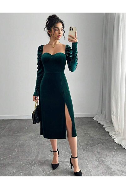 Styling Park Yeşil Yaka Detay Yırtmaçlı Uzun Kol Kadife Midi Elbise