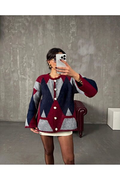 Sfg Life Moda Women's Raised Pocket and Diamond Patterned Knitwear Cardigan