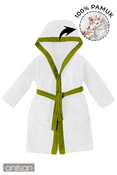 Anılsan Beyaz ve Yeşil %100 Pamuklu Çocuk Bornozu - 2-4 Yaş - Yumuşak, Nefes ...