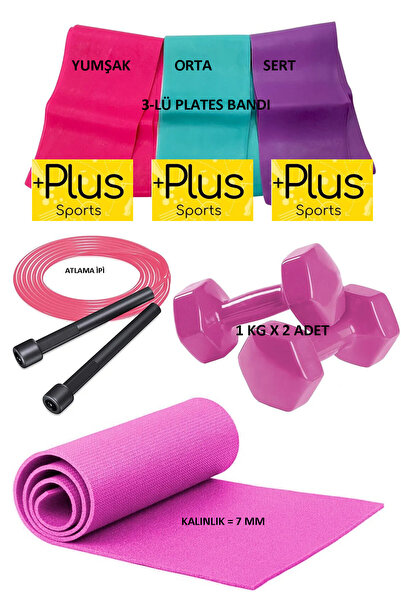 PLUSSPORT PİLATES VE YOGA SETİ 4 PARÇA EKONOMİK KALİTELİ PLATES MATI DAMBIL A...