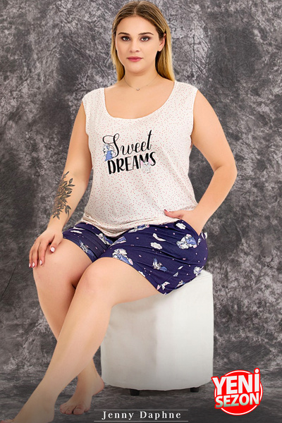 Jenny Daphne Set de pijamale cu mâneci scurte, cu mâneci scurte, cu imprimeu de noapte, pantaloni scurți din dantelă 10423